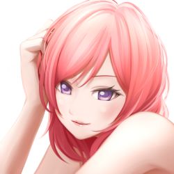 Rule 34 | 10s, 1girl, bare shoulders, bon nob, hand in own hair, light smile, looking at viewer, love live!, love live! school idol project, nishikino maki, parted lips, portrait, purple eyes, red hair, short hair, simple background, smile, solo, white background