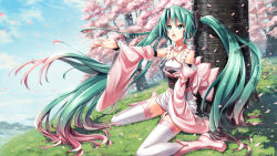 Rule 34 | 1girl, boots, cherry blossoms, detached sleeves, gabiran, grass, green eyes, green hair, hatsune miku, long hair, matching hair/eyes, obi, open mouth, outstretched arm, pink hair, sash, sitting, skirt, solo, thighhighs, tree, twintails, very long hair, vocaloid, wariza