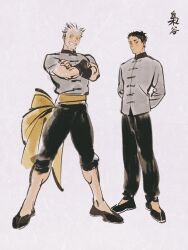 Rule 34 | 2boys, akaashi keiji, arms behind back, black eyes, black footwear, black hair, black pants, bokuto koutarou, changpao, chengongzi123, chinese clothes, closed mouth, commentary, crossed arms, full body, grey background, grey hair, grey shirt, grin, haikyuu!!, highres, long sleeves, looking at viewer, male focus, mandarin collar, multicolored hair, multiple boys, pants, shirt, short hair, short sleeves, simple background, smile, standing, streaked hair, sumi-e, symbol-only commentary, thick eyebrows, translation request, very short hair, yellow eyes