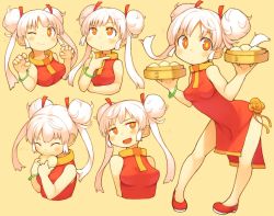 Rule 34 | 1girl, bachera, blush, bracelet, china dress, chinese clothes, claw pose, double bun, dress, dumpling, eating, expressionless, closed eyes, female focus, food, highres, jewelry, leaning forward, one eye closed, open mouth, original, shoes, simple background, sleeveless, solo, white hair, yellow background