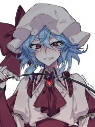 Rule 34 | 1girl, blue hair, bow, bowtie, brooch, collared shirt, frilled shirt collar, frills, hair between eyes, hat, hat ribbon, highres, himadera, jewelry, looking at viewer, mob cap, puffy sleeves, remilia scarlet, ribbon, riding crop, shirt, simple background, solo, thick eyebrows, touhou, twitter username, white background, white hat