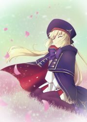 Rule 34 | 1girl, artoria caster (fate), artoria caster (second ascension) (fate), artoria pendragon (fate), beret, blonde hair, bug, butterfly, closed mouth, fate/grand order, fate (series), flower, full body, gloves, hair between eyes, hair ornament, hair through headwear, hat, insect, long hair, long sleeves, non-web source, outdoors, petals, pink flower, raincoat, shirt, simple background, skirt, smile, solo, twintails, wind
