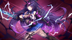 Rule 34 | 1girl, :o, absurdres, black footwear, black gloves, blue skirt, boots, breasts, cleavage, electricity, gauntlets, gloves, highres, holding, holding sword, holding weapon, honkai (series), honkai impact 3rd, katana, long hair, looking at viewer, mask, open mouth, purple eyes, purple hair, raiden mei, raiden mei (lightning empress), single gauntlet, skirt, solo, sword, torn clothes, torn legwear, weapon, wu ganlan cai