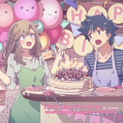 Rule 34 | 1boy, 1girl, :3, :o, apron, balloon, black hair, blue eyes, brown eyes, brown hair, cake, cake slice, candle, copyright name, feeding, food, fork, fruit, happy birthday, highres, indoors, kagawa yuusaku, long hair, now and forever, official art, shirt, smile, spiked hair, strawberry, striped clothes, striped shirt, stuffed animal, stuffed toy, sweatdrop, table, watermark, web address