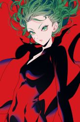 Rule 34 | 1girl, black dress, breasts, curly hair, dress, floating hair, green eyes, green hair, highres, looking at viewer, one-punch man, red background, simple background, small breasts, solo, tatsumaki, tenobe, upper body