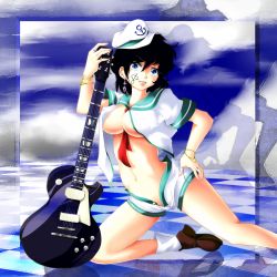 Rule 34 | 1girl, 7ban, anchor tattoo, bad id, bad pixiv id, between breasts, black hair, blue eyes, border, bracelet, breasts, cleavage, electric guitar, female focus, gibson les paul, guitar, hand on own hip, hat, hip focus, instrument, jewelry, kneeling, lips, medium breasts, midriff, murasa minamitsu, navel, no bra, open clothes, ring, sailor, sailor hat, short hair, short shorts, shorts, sky, solo, tattoo, touhou, unbuttoned