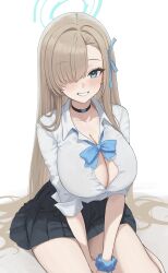 Rule 34 | 1girl, absurdres, asuna (blue archive), black choker, black skirt, blue archive, blue bow, blue bowtie, blue eyes, blue halo, blue ribbon, blush, boneseing, bow, bowtie, breasts, choker, cleavage, collared shirt, commentary, dress shirt, feet out of frame, grin, hair over one eye, hair ribbon, halo, highres, large breasts, light brown hair, long hair, looking at viewer, miniskirt, no bra, one eye covered, partially unbuttoned, pleated skirt, ribbon, scrunchie, shirt, simple background, sitting, skirt, smile, solo, straight hair, very long hair, white background, white shirt, wing collar, wrist scrunchie