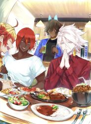Rule 34 | 4boys, :d, :o, ahoge, arjuna (fate), arjuna alter (fate), ashwatthama (fate), black hair, black shirt, blonde hair, blue eyes, blue horns, blue jacket, broccoli, brown eyes, cherry tomato, closed eyes, collared shirt, contemporary, cup, curry, curry rice, dark-skinned male, dark skin, drink, drinking glass, drinking straw, earrings, fate/grand order, fate (series), food, french fries, fried egg, hair between eyes, hamburger steak, hanging light, highres, holding, holding cup, holding food, holding spoon, horns, indoors, jacket, jewelry, karna (fate), katsudon (food), looking at another, looking at food, looking at object, male focus, multicolored hair, multiple boys, omelet, open mouth, own hands together, pasta, plate, rama (fate), red hair, red shirt, restaurant, rice, salad, shirt, short hair, single earring, sizzler plate, smile, soda, soda fountain, spaghetti, spoon, sweatdrop, szk modoki, t-shirt, table, teeth, tomato, two-tone hair, upper body, upper teeth only, white hair, white shirt, yellow eyes