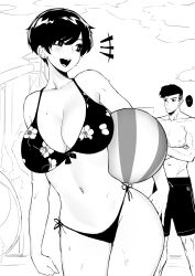 Rule 34 | +++, ..., 1boy, 1girl, ball, bare shoulders, beachball, bikini, breasts, cleavage, crossed arms, curvy, earrings, front-tie bikini top, front-tie top, greyscale, halterneck, happy, highres, holding, holding ball, jewelry, large breasts, looking to the side, male swimwear, monochrome, navel, norman maggot, olive laurentia, open mouth, original, outdoors, patterned clothing, pixie cut, short hair, side-tie bikini bottom, smile, spoken ellipsis, standing, stud earrings, swim trunks, swimsuit, thighs, wet
