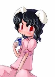 Rule 34 | 1girl, black hair, curly hair, dress, drinking, drinking straw, female focus, inaba tewi, looking at viewer, milk, pink dress, puffy short sleeves, puffy sleeves, red eyes, short hair, short sleeves, simple background, solo, tao, tao (kadoya), touhou, white background