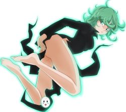 Rule 34 | 1girl, absurdres, aura, bare legs, barefoot, breasts, caisama, covering privates, dress, green eyes, green hair, highres, looking to the side, one-punch man, psychic, shiny skin, solo, tatsumaki, toes, wide hips