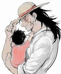 Rule 34 | 1boy, aged down, family, father and son, hat, male focus, monkey d. dragon, monkey d. luffy, multiple boys, one piece, straw hat, tattoo, time paradox