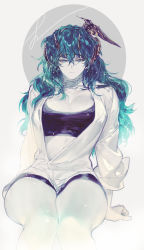 Rule 34 | 1girl, blue eyes, blue hair, breasts, cleavage, closed mouth, colored skin, hair between eyes, highres, horns, invisible chair, large breasts, legs together, long hair, looking to the side, open clothes, open shirt, original, pigeon666, shirt, signature, sitting, solo, white shirt, white skin