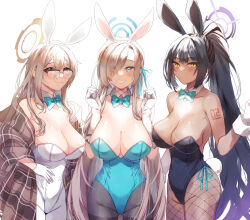 Rule 34 | 3girls, akane (blue archive), akane (bunny) (blue archive), animal ears, asuna (blue archive), asuna (bunny) (blue archive), black hair, black leotard, black pantyhose, blonde hair, blue archive, blue bow, blue bowtie, blue leotard, bow, bowtie, breasts, brown hair, cleavage, detached collar, fake animal ears, fishnet pantyhose, fishnets, glasses, halo, highres, karin (blue archive), karin (bunny) (blue archive), large breasts, leotard, long hair, looking at viewer, mole, mole on breast, multiple girls, pantyhose, playboy bunny, ponytail, rabbit ears, shimesu, shoulder tattoo, simple background, tattoo, white background, white leotard, white pantyhose