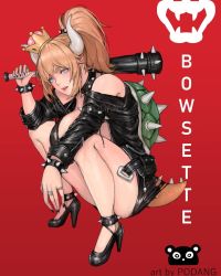 Rule 34 | 1girl, anklet, bare shoulders, black collar, black jacket, black nails, blonde hair, blue eyes, bowser logo, bowsette, bracelet, club (weapon), collar, crown, fingernails, high heels, highres, horns, jacket, jewelry, leather, leather jacket, mario (series), nail polish, new super mario bros. u deluxe, nintendo, paul dang (podang), pointy ears, ring, sharp fingernails, spiked bracelet, spiked collar, spiked shell, spiked tail, spikes, squatting, super crown, tail, thighs, torn clothes, turtle shell, weapon