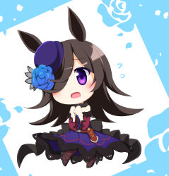 Rule 34 | 1girl, animal ears, asymmetrical hair, belt, belt buckle, black neckwear, blue background, blue flower, blue rose, blush, brown hair, buckle, chibi, clenched hands, commentary request, dagger, dress, eyes visible through hair, flower, flower on head, framed, full body, hair over one eye, high heels, horse ears, knife, layered dress, long hair, long sleeves, open mouth, own hands together, pantyhose, petals, purple eyes, purple headwear, red pantyhose, rice shower (umamusume), rose, scabbard, senba chidori, sheath, solo, standing, strapless, strapless dress, umamusume, weapon, white background