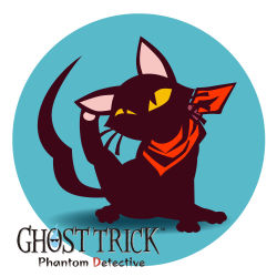 Rule 34 | animal focus, aqua background, black cat, cat, cat (ghost trick), circle, copyright name, ghost, ghost trick, jeff hung, leg up, looking up, neckerchief, no humans, scarf, scratching, sitting, solo, sunglasses, tail, whiskers, white background, yellow eyes