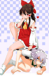Rule 34 | 2girls, all fours, annoyed, apron, arm support, ascot, bare shoulders, blue dress, blue eyes, bow, brown hair, detached sleeves, dress, hair bow, hair ribbon, hair tubes, hakurei reimu, hand on own cheek, hand on own face, highres, izayoi sakuya, kaya rio, long hair, looking at another, looking down, looking up, maid, maid apron, maid headdress, multiple girls, ponytail, red dress, red eyes, ribbon, short dress, short hair, silver hair, sitting, sitting on person, smile, touhou