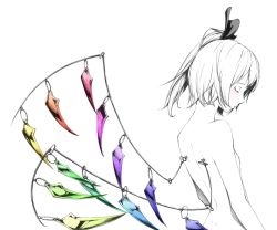Rule 34 | 1girl, alternate wings, blush, closed eyes, flandre scarlet, monochrome, nude, partially colored, profile, realistic, side ponytail, solo, sousou (sousouworks), spot color, embodiment of scarlet devil, touhou, wings