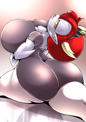 Rule 34 | 1girl, ass, breasts, cocco (cocco1192), colored sclera, colored skin, flexible, grey skin, hair bun, half-closed eye, head back, hekapoo, highres, horns, huge ass, huge breasts, leotard, lips, orange eyes, red hair, single hair bun, solo, split, star vs the forces of evil, stretching, thick thighs, thighs, updo, yellow sclera