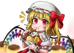 Rule 34 | 1girl, ascot, blonde hair, chewing, closed mouth, commentary request, flandre scarlet, food, frilled shirt collar, frilled sleeves, frills, hat, hat ribbon, holding, holding spoon, medium hair, mob cap, notice lines, one side up, pudding, puffy short sleeves, puffy sleeves, red eyes, red ribbon, red skirt, red vest, ribbon, ribbon-trimmed headwear, ribbon trim, shirt, short sleeves, skirt, smile, solo, spoon, touhou, vest, websci 3357, white hat, white shirt, wings, yellow ascot