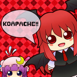 Rule 34 | 2girls, :d, argyle, argyle background, argyle clothes, bat wings, blush stickers, chibi, crescent, dress shirt, flying sweatdrops, hair between eyes, hat, head wings, koakuma, long hair, long sleeves, looking at viewer, mob cap, multiple girls, necktie, open mouth, patchouli knowledge, plaid, purple eyes, red hair, red necktie, red theme, shirt, skirt, skirt set, smile, soramame1110, speech bubble, touhou, vest, wings