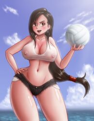 Rule 34 | 1girl, ball, black hair, black shorts, breasts, brown eyes, ear piercing, earrings, female focus, final fantasy, final fantasy vii, hand on own hip, holding, holding ball, jewelry, large breasts, long hair, nipples through clothes, piercing, saf-404, saf-404, saf-404, see-through, see-through shirt, shirt, short shorts, shorts, solo, square enix, tank top, thighs, tifa lockhart, volleyball (object), white shirt, white tank top, wide hips