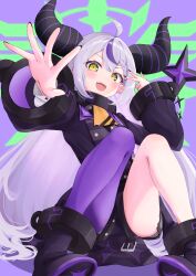 Rule 34 | 1girl, 4kimizuki, absurdres, ascot, black collar, black footwear, black nails, braid, braided bangs, coat, coat dress, collar, demon horns, grey hair, highres, hololive, horns, la+ darknesss, la+ darknesss (1st costume), long hair, looking at viewer, metal collar, multicolored hair, nail polish, open mouth, outstretched hand, pantyhose, pointy ears, purple coat, purple hair, purple pantyhose, shoes, sidelocks, single braid, single leg pantyhose, smile, solo, streaked hair, teeth, upper teeth only, very long hair, virtual youtuber, yellow ascot, yellow eyes