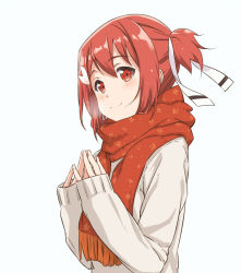 Rule 34 | 1girl, blush, breath, closed mouth, floral print, from side, hair between eyes, hair ornament, hair ribbon, head tilt, long sleeves, looking at viewer, looking to the side, red eyes, red hair, red scarf, ribbon, scarf, shikou sakugo (qqap9gt9k), short ponytail, side ponytail, simple background, sleeves past wrists, smile, solo, steepled fingers, striped ribbon, sweater, tassel, upper body, white background, white ribbon, white sweater, yuuki yuuna, yuuki yuuna wa yuusha de aru, yuusha de aru