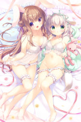 Rule 34 | 2girls, :d, animal ears, babydoll, bare arms, bare legs, bare shoulders, barefoot, bed sheet, bow, bow bra, bow panties, bra, breasts, bridal garter, brown hair, cleavage, commentary request, double bun, flower, frilled bra, frilled panties, frilled pillow, frills, green eyes, green jacket, groin, hair bun, heart, hood, hood up, hooded jacket, jacket, long hair, long sleeves, looking at viewer, low twintails, lying, medium breasts, multiple girls, navel, hugging object, on back, open clothes, open jacket, open mouth, original, panties, panty pull, petals, pillow, pink flower, purple eyes, rabbit ears, see-through, side-tie panties, silver hair, sleeves past wrists, smile, stuffed animal, stuffed rabbit, stuffed toy, twintails, underwear, underwear only, very long hair, white bra, white panties, yukie (peach candy)