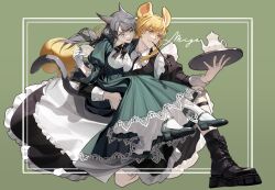 Rule 34 | 1boy, 1girl, animal ears, black dress, black footwear, black ribbon, black socks, carrying, carrying person, cat ears, cat girl, cat tail, cross-laced footwear, crossdressing, dress, gloves, green dress, green footwear, holding, holding tray, kiseru, legband, long dress, maid, male maid, migo45, mouth hold, neck ribbon, pinky out, ribbon, single glove, smile, smoking pipe, socks, squirrel ears, squirrel tail, tail, teapot, tray, white gloves
