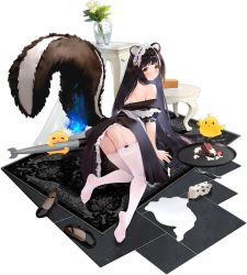 Rule 34 | 1girl, all fours, alternate costume, animal ear fluff, animal ears, apron, ass, azur lane, bare shoulders, bell, bird, black dress, black footwear, black hair, blush, cake, chick, clothes lift, dress, dress lift, fallen down, food, unworn footwear, fork, from behind, fruit, garter straps, hair ornament, highres, jingle bell, kneepits, legs, long hair, long tail, looking back, maid, maid headdress, manjuu (azur lane), milk, milk carton, naganami (azur lane), naganami (long waves of happiness) (azur lane), no panties, off shoulder, official alternate costume, official art, rug, shoes, unworn shoes, skunk ears, skunk tail, soles, strawberry, suisai (suisao), table, tail, thighhighs, thighs, torpedo, transparent background, tray, vase, very long hair, white apron, white thighhighs, yellow eyes