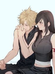Rule 34 | 1boy, 1girl, apron, arm ribbon, bare shoulders, black hair, black shorts, blonde hair, blush, breasts, cloud strife, couple, crop top, earrings, final fantasy, final fantasy vii, final fantasy vii advent children, hetero, highres, holding hands, jewelry, kiss, kissing hand, large breasts, long hair, looking at another, maiii (smaii i), midriff peek, navel, red eyes, ribbon, shorts, simple background, sitting, sleeveless, spiked hair, square enix, tifa lockhart, waist apron