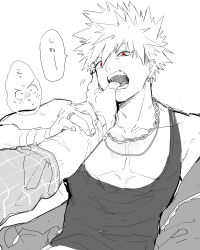 2boys bakugou_katsuki bandaged_arm bandages bare_shoulders blush boku_no_hero_academia chain chain_necklace collarbone ear_piercing earrings fangs finger_in_another&#039;s_mouth freckles greyscale hair_between_eyes hand_on_another&#039;s_arm hand_on_another&#039;s_face highres image_in_speech_bubble jewelry male_focus midoriya_izuku monochrome multiple_boys multiple_earrings multiple_scars necklace open_mouth pectorals piercing saliva scar scar_on_arm simple_background solo_focus speech_bubble spiked_hair spot_color tachi_(tachibana) tank_top teeth upper_body v-shaped_eyebrows white_background yaoi