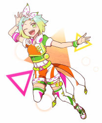 Rule 34 | 1girl, ;d, arm up, blue hair, blush, commentary request, fang, full body, gradient hair, green eyes, green hair, green shirt, hair ornament, hairband, hairclip, headphones, headphones around neck, idol time pripara, jumping, looking at viewer, midriff, multicolored hair, nijiiro nino, nojima minami, one eye closed, open mouth, orange shorts, outstretched arm, pretty series, pripara, shirt, shoes, short hair, short sleeves, shorts, smile, sneakers, solo, thighhighs, triangle, two-tone hair, white hairband, white thighhighs, wristband
