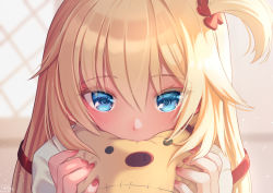 Rule 34 | 1girl, akai haato, blonde hair, blue eyes, blurry, blurry background, blush, commentary request, covering own mouth, doll, eyes visible through hair, hair between eyes, hair ornament, hair ribbon, hands up, heart, heart hair ornament, highres, holding, holding doll, hololive, long hair, looking at viewer, magowasabi, nail polish, one side up, red nails, red ribbon, ribbon, shirt, signature, solo, twitter username, virtual youtuber, white shirt