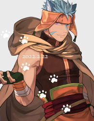 Rule 34 | 1boy, animal ears, animal hands, bandages, belt, blue hair, cape, cat boy, cat ears, cat paws, collared shirt, donta30303, fire emblem, fire emblem: path of radiance, fire emblem: radiant dawn, gloves, grey background, hat, heterochromia, looking at viewer, male focus, nintendo, ranulf, shirt, simple background, sleeveless, smile, solo