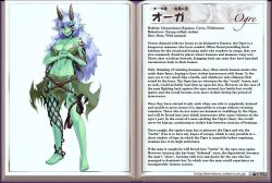 Rule 34 | 1girl, :q, arm tattoo, bare shoulders, barefoot, blue hair, breast tattoo, breasts, character profile, cleavage, collarbone, colored skin, facial tattoo, green skin, horns, kenkou cross, long hair, midriff, monster girl, monster girl encyclopedia, navel, ogre, ogre (monster girl encyclopedia), pointy ears, red eyes, revealing clothes, shoulder tattoo, solo, standing, tattoo, tongue, tongue out, torn clothes, translated