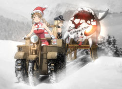Rule 34 | 3girls, abyssal ship, annin musou, antlers, bad id, bad twitter id, bare shoulders, bell, bismarck (kancolle), blonde hair, blue eyes, blush, brown eyes, brown gloves, brown hair, christmas, commentary request, detached sleeves, driving, enemy aircraft (kancolle), fairy (kancolle), fringe trim, fur trim, glasses, gloves, grey hair, hair between eyes, hat, horns, kantai collection, littorio (kancolle), long hair, military, military uniform, motor vehicle, multiple girls, open mouth, peaked cap, pince-nez, pom pom (clothes), reindeer antlers, roma (kancolle), santa costume, santa hat, scarf, smile, snow, snowing, snowman, striped clothes, striped scarf, the roma-like snowman, uniform, white gloves