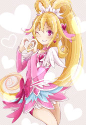 Rule 34 | 1girl, aida mana, arm warmers, blonde hair, bow, brooch, choker, colored eyelashes, cure heart, curly hair, dokidoki! precure, earrings, grin, hair ornament, half updo, heart, heart brooch, heart hair ornament, heart hands, highres, jewelry, long hair, magical girl, one eye closed, pink bow, pink eyes, ponytail, precure, ribbon, skirt, smile, solo, sumi mi, wink