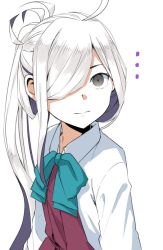 Rule 34 | ..., 1girl, ahoge, asashimo (kancolle), bow, bowtie, close-up, commentary request, gradient hair, grey eyes, hair over one eye, halterneck, kantai collection, long hair, moti coi, multicolored hair, ponytail, school uniform, shirt, silver hair, simple background, solo, upper body, white background, white shirt
