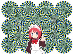 Rule 34 | 00s, 1girl, abstract background, anata wo hannin desu, apron, arm behind back, bow, brainwasher detective, hisui (tsukihime), japanese text, kanji, looking at viewer, maid, maid apron, maid headdress, optical illusion, outline, pink hair, pointing, pointing at viewer, red bow, red hair, red neckwear, ringed eyes, short hair, solo, translated, tsukihime, upper body