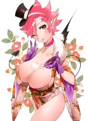 Rule 34 | 1girl, alcohol, bad id, bad pixiv id, breasts, cleavage, demon girl, demon tail, demon wings, flower, gloves, hairband, hat, huge breasts, japanese clothes, kimono, mikurou (nayuta), mini hat, mini top hat, one eye closed, original, pink eyes, pink hair, pointy ears, sake, short hair, single wing, solo, tail, thighs, top hat, wings