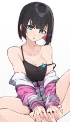 Rule 34 | 1girl, bare shoulders, barefoot, black camisole, black hair, black shorts, blue eyes, blush, breasts, camisole, cleavage, collarbone, commentary request, highres, jacket, looking at viewer, medium breasts, mole, mole on breast, multicolored hair, off shoulder, original, parted lips, pink hair, short hair, shorts, simple background, solo, strap slip, sweat, tapioka (oekakitapioka), two-tone hair, white background, white jacket