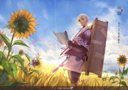 Rule 34 | 1boy, axis04, backpack, bag, bug, rabbit, butterfly, eyepatch, flower, grass, bug, japanese clothes, pixiv fantasia, pixiv fantasia sword regalia, rainbow, red eyes, scroll, standing, sunflower, white hair