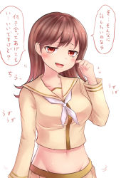 Rule 34 | 10s, 1girl, blazer, blush, brown hair, collarbone, flying sweatdrops, groin, hand on own cheek, hand on own face, highres, jacket, kantai collection, long hair, long sleeves, looking at viewer, midriff, navel, neckerchief, neit ni sei, ooi (kancolle), open mouth, pleated skirt, red eyes, remodel (kantai collection), school uniform, simple background, skirt, solo, speech bubble, standing, stomach, sweatdrop, text focus, translation request, wavy mouth, white background, yellow skirt