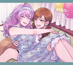 Rule 34 | 2girls, :d, asahina yui, balloon, blue headband, carrying, closed eyes, couch, curtains, dated, earrings, feet out of frame, happy birthday, headband, highres, indoors, jewelry, kousaka rei, la corda d&#039;oro starlight orchestra, long hair, multiple girls, open mouth, peggy (pixiv9540913), princess carry, purple hair, shirt, sitting, smile, twintails, white shirt, yuri