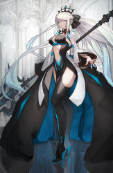Rule 34 | 1girl, black bow, black dress, blue eyes, bow, braid, breasts, closed mouth, clothing cutout, commentary, crown, dress, english commentary, fate/grand order, fate (series), french braid, grey hair, hair bow, high heels, holding, holding staff, holding weapon, long hair, looking at viewer, medium breasts, mins (minevi), morgan le fay (fate), navel, pelvic curtain, ponytail, solo, spikes, staff, stomach, stomach cutout, two-tone dress, very long hair, weapon, white dress