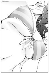 Rule 34 | 10s, 1girl, absurdres, arms at sides, bikini, braid, breasts, close-up, covered erect nipples, front-tie bikini top, front-tie top, greyscale, hands up, head out of frame, highres, large breasts, long hair, matsukaze mayu, monochrome, nande koko ni sensei ga!?, navel, side braid, soborou, solo, striped bikini, striped clothes, swimsuit, teacher, underboob