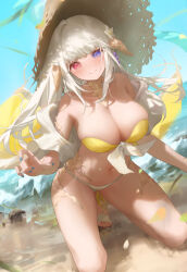 Rule 34 | 1girl, au ra, bare shoulders, beach, bikini, blue eyes, blue nails, blue sky, blush, breasts, cleavage, closed mouth, commentary, commission, day, dragon girl, dragon horns, final fantasy, final fantasy xiv, hat, heterochromia, highres, horizon, horns, kneeling, large breasts, long hair, looking at viewer, metatarou, navel, off shoulder, red eyes, scales, skeb commission, sky, smile, solo, stomach, straw hat, swimsuit, swimsuit cover-up, warrior of light (ff14), white hair, yellow bikini